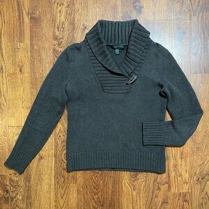 Lauren Ralph Lauren Bone Toggle Sweater Sz S Gray Shawl Collar Minimalist Fall